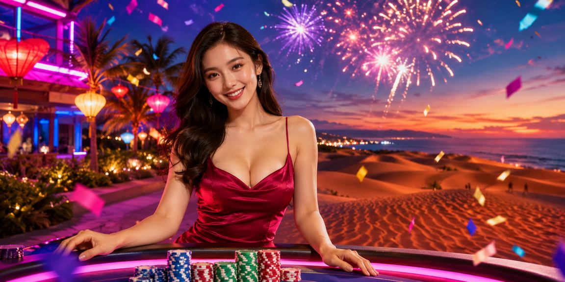 Không gian giải trí ban đêm tại Mũi Né với ánh đèn neon, người dùng đăng ký thể thao và tìm hiểu ưu đãi trên điện thoại